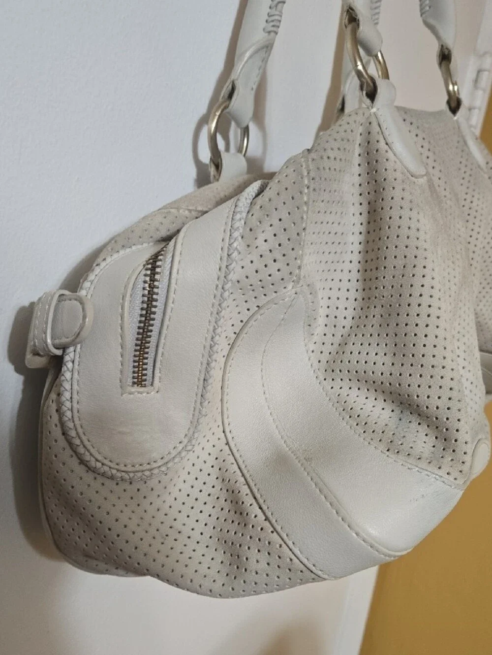 Hugo Boss White Perforated Shoulder Bag with Dual Front Flap Pockets